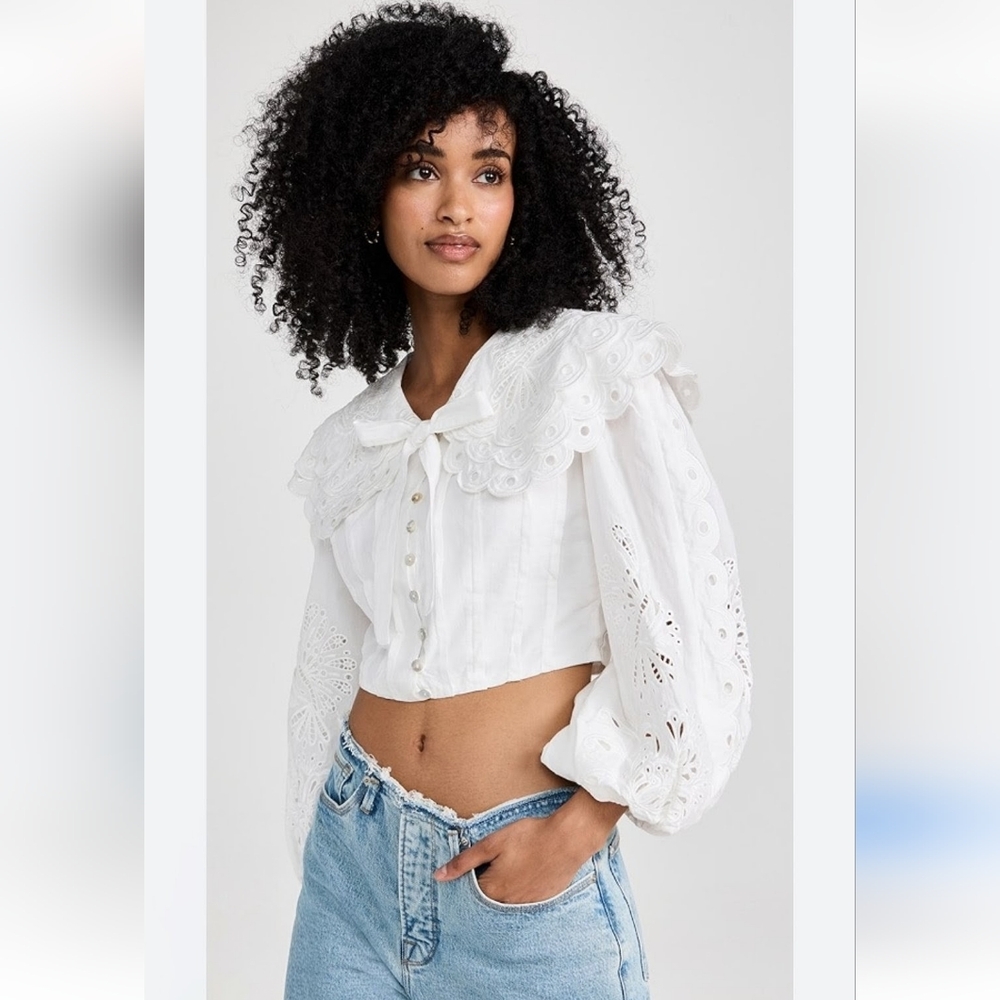 FARM RIO Richelieu Big Collar Off White Battenberg Lace Blouse M RARE SRP $240 - Picture 2 of 16